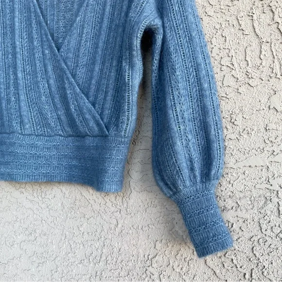 SEZANE Blue Mohair Wool V Neck Crossover Cristina Sweater Balloon Sleeve Jumper - Picture 8 of 17
